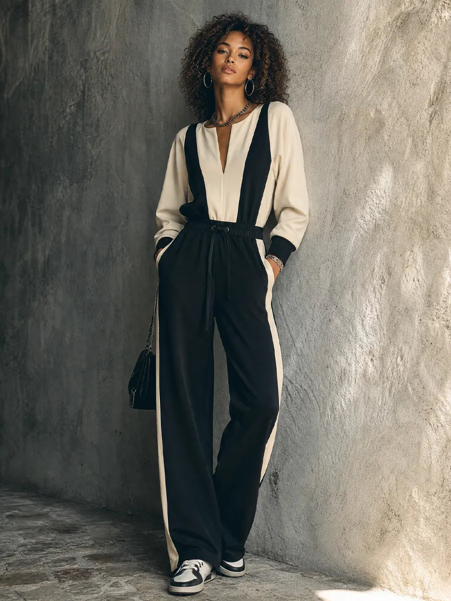 Women's Casual Sporty Black And White Knitted Cotton Blend Color Block Drawstring Waist Wide Leg Full Length Jumpsuit MDZ1360G4GMJ