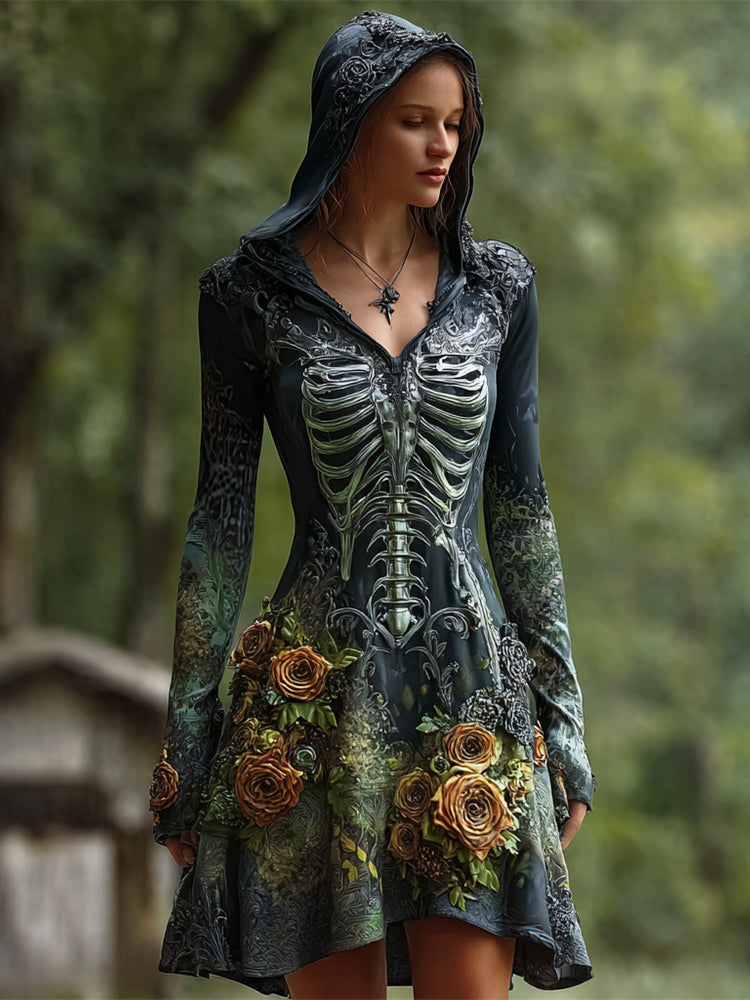 Halloween Vintage Rose Skeleton Dark Art Women's Hooded Mini Dress