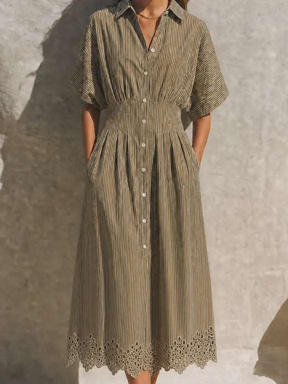 Women's Mediterranean Style Khaki Cotton Blend Striped Collared Button-Front Short Sleeve Eyelet Hem Midi Shirt Dress MDZ0780G9ZSQ