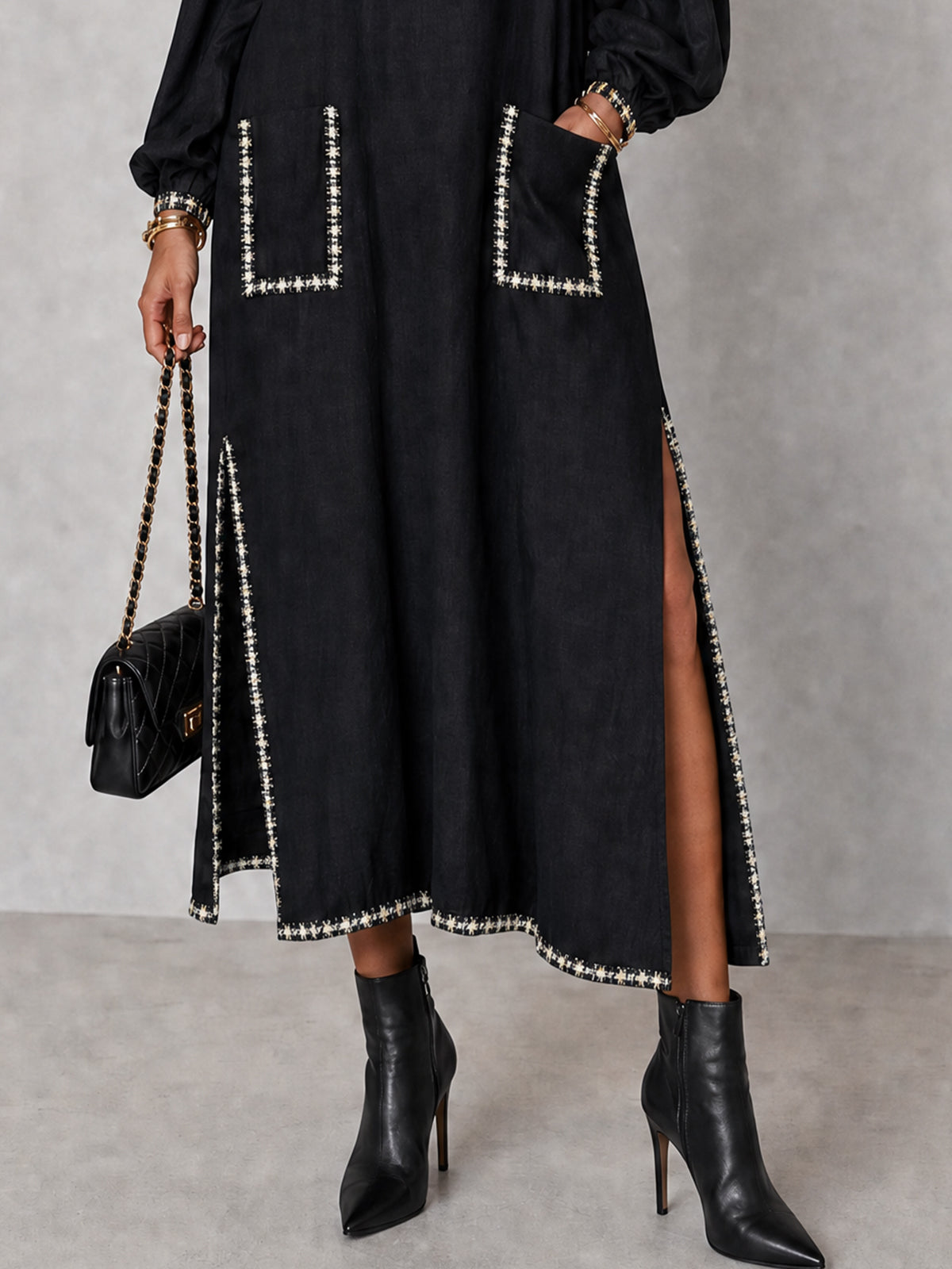 Black Square Neck Trim Pocket Maxi Dress