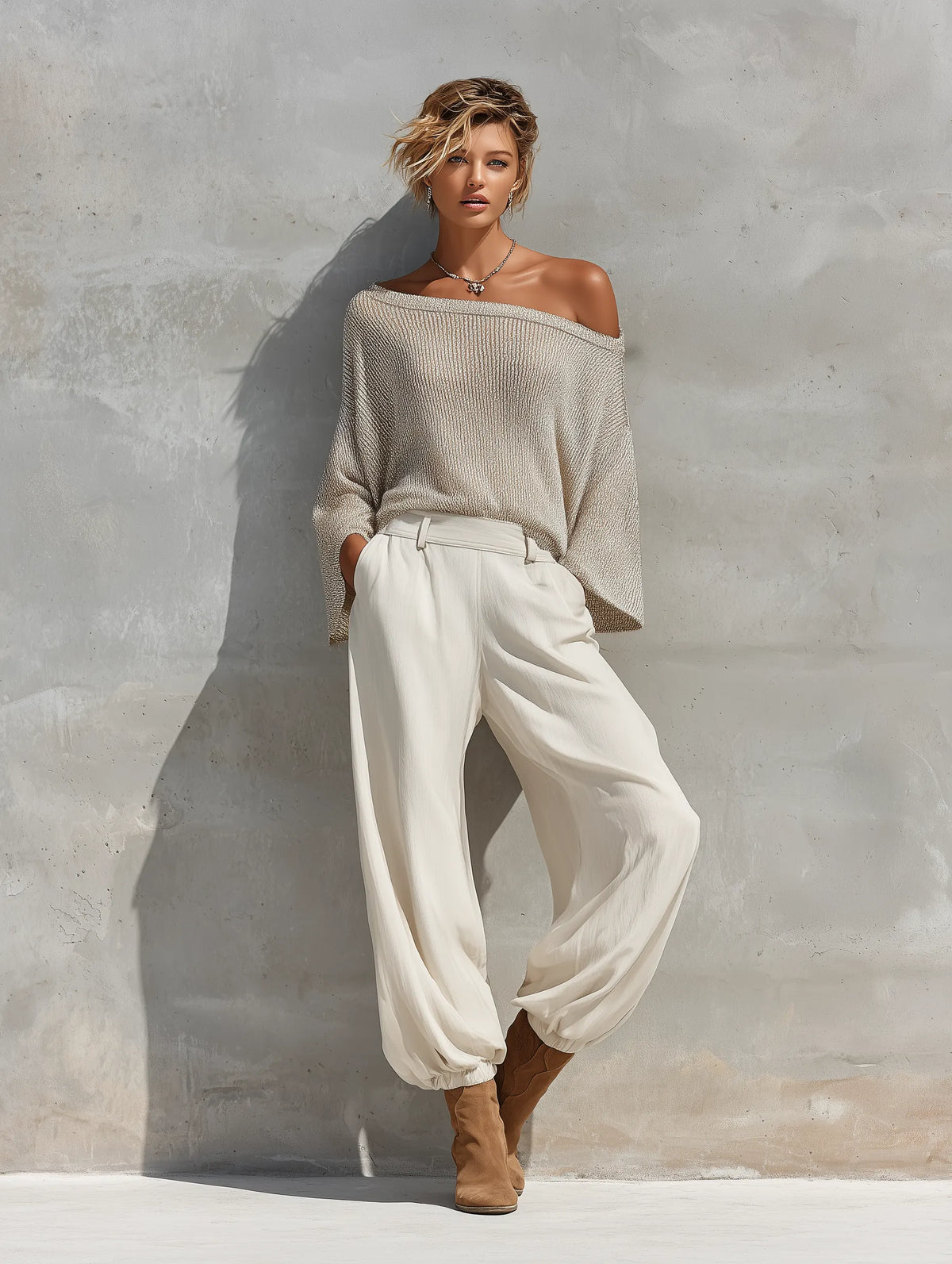 Women's Beige Shimmer Ribbed Knit Off Shoulder Drop Shoulder Three Quarter Sleeve Casual Blouse MDZ1613G0YZJ