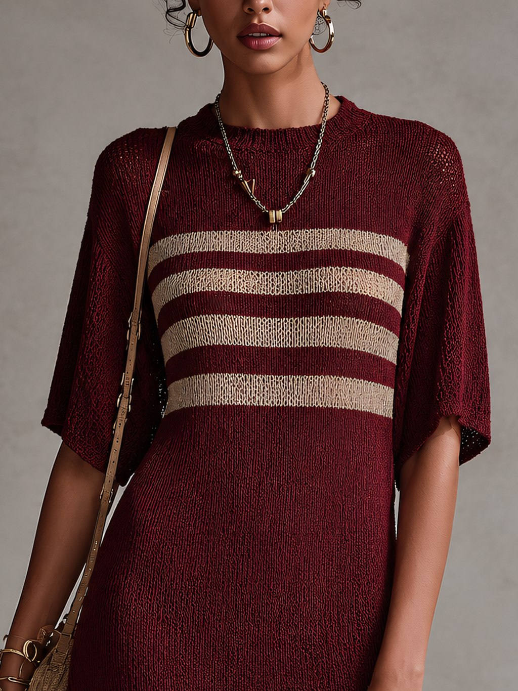 Wine Red Knit Mini Dress With Beige Lace Hem And Striped Panel