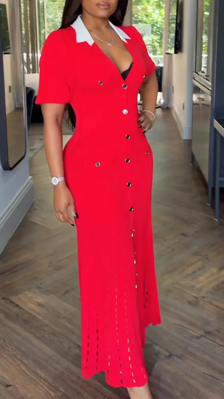 Women Lapel Buckle with Slit Elegant Temperament Dress