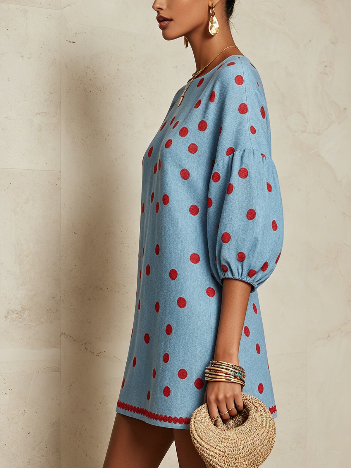 Sky Blue Mini Dress With Red Polka Dots And Puff Sleeves