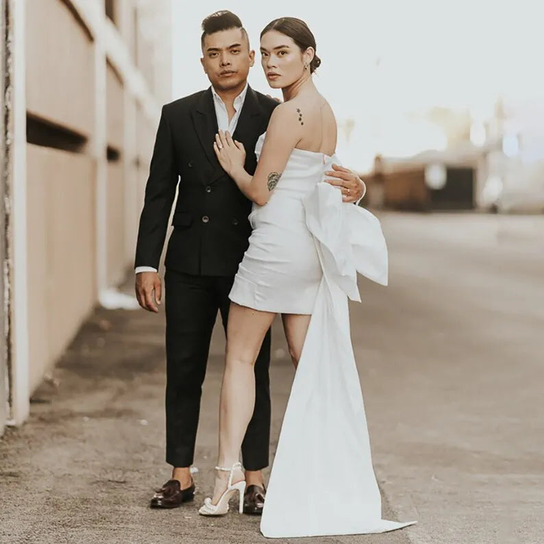 Mini Strapless Ruched Taffeta Bridal Gown Above Knee Length Wedding Detachable Large Bow