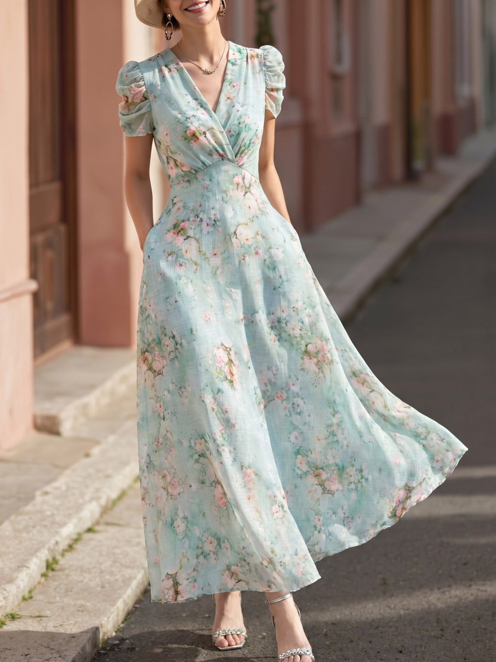 Maxi Linen Dress, Short Sleeves, V Neck, Floral, Wrap, Vacation, Vintage, Blue
