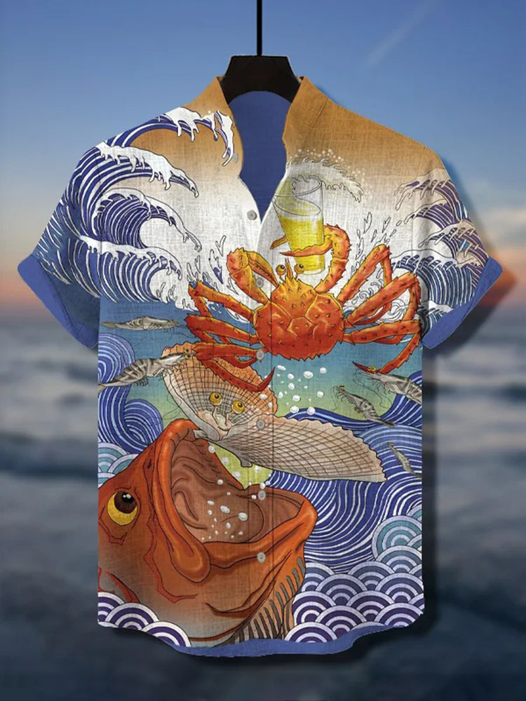 Men's Fish And Scallop Waves Crab Drinking Beer Art Print Casual Shirt