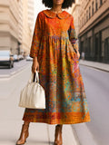 Women's Vintage Ethnic Geometric Art Print Silhouette Peter Pan Collar Maxi Dress