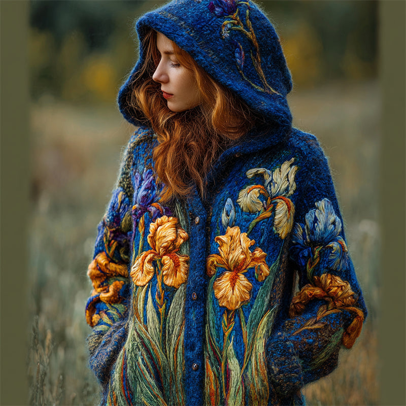 Vintage Irises Felt Embroidered Cozy Knit Hooded Cardigan