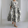 Japanese Art Cherry Blossom Print Short Sleeve Loose Midi Dress