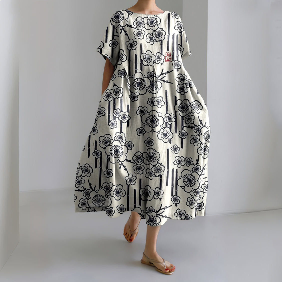 Japanese Art Cherry Blossom Print Short Sleeve Loose Midi Dress