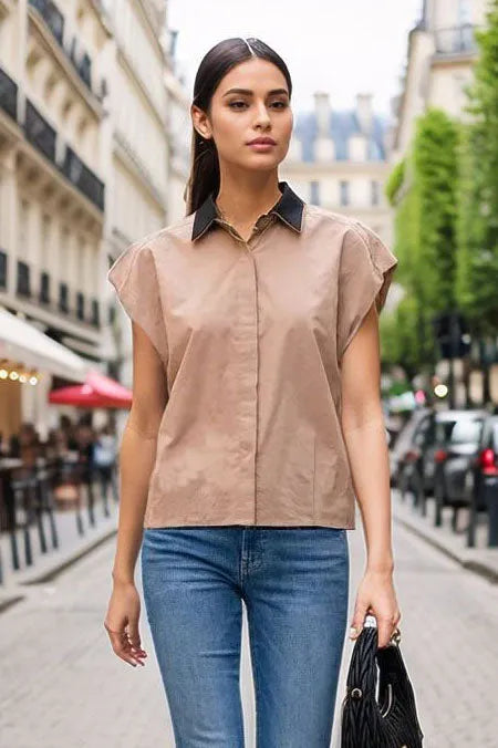 Short Sleeve Blouse with Detachable Collar