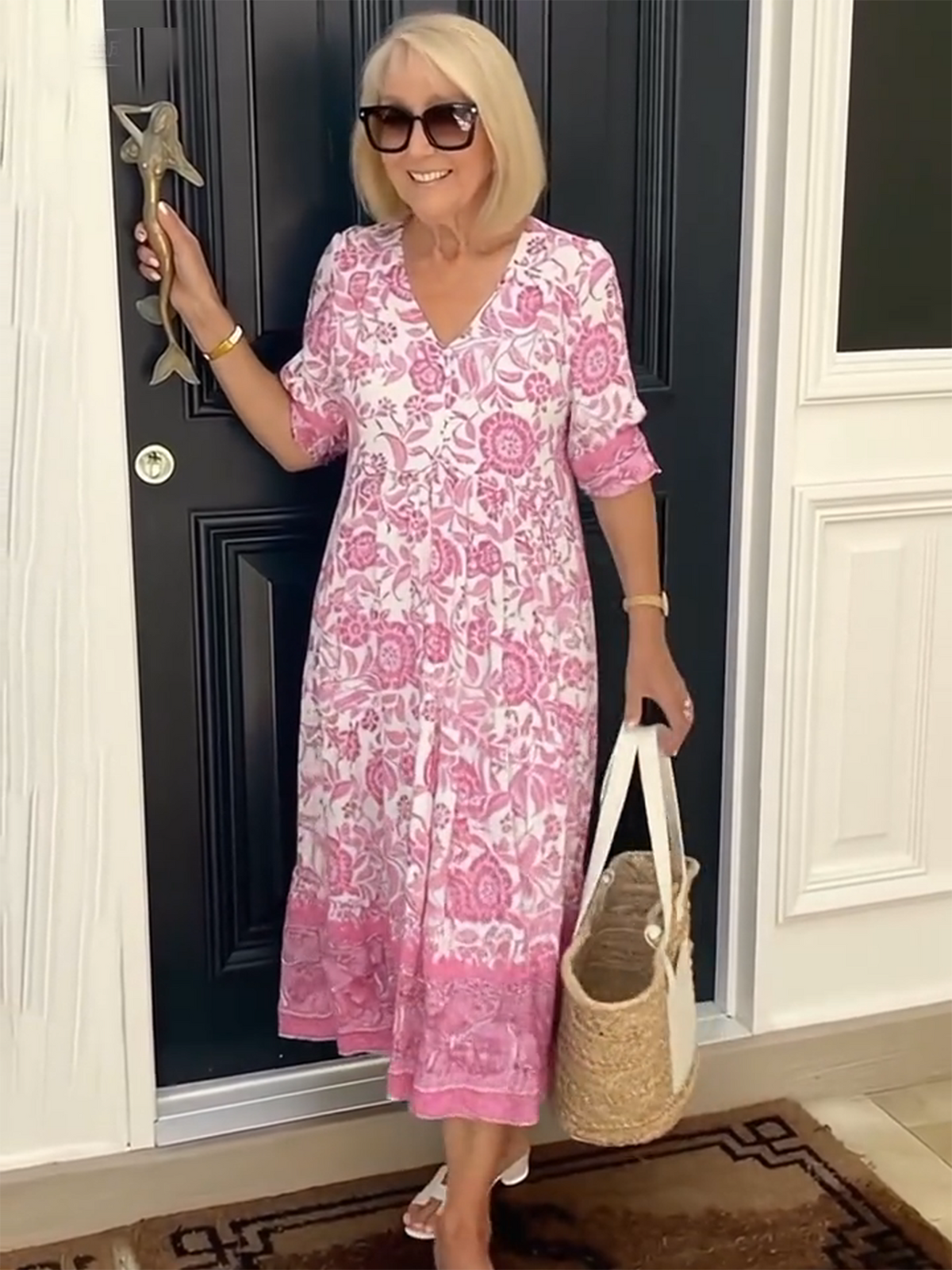 Boho Deep V Half Sleeve Dress Loose Floral Skirt Vacation Dress