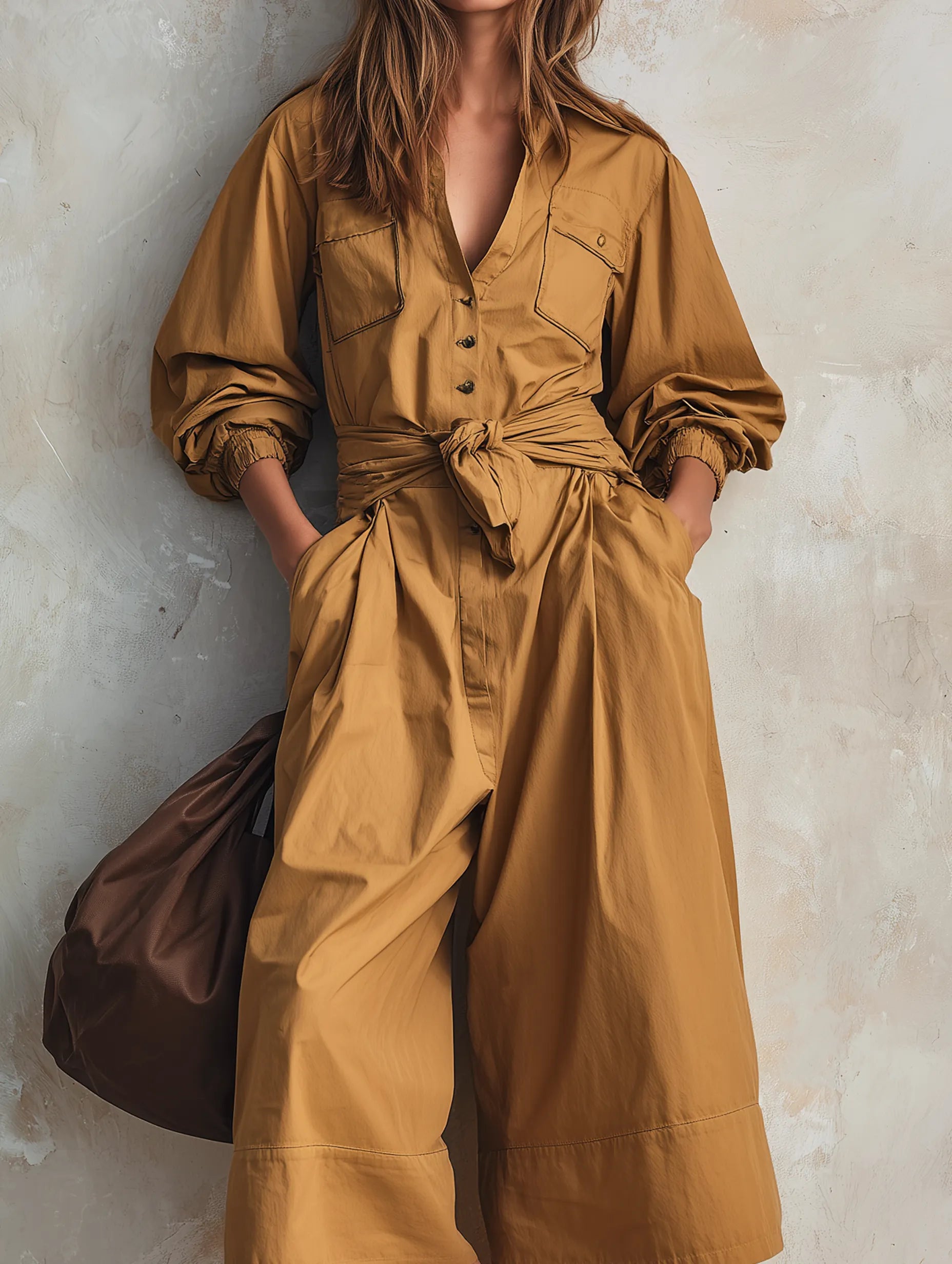 Women's Casual Khaki Woven Long-sleeve Cropped Jumpsuit MDZ0967G1LXY