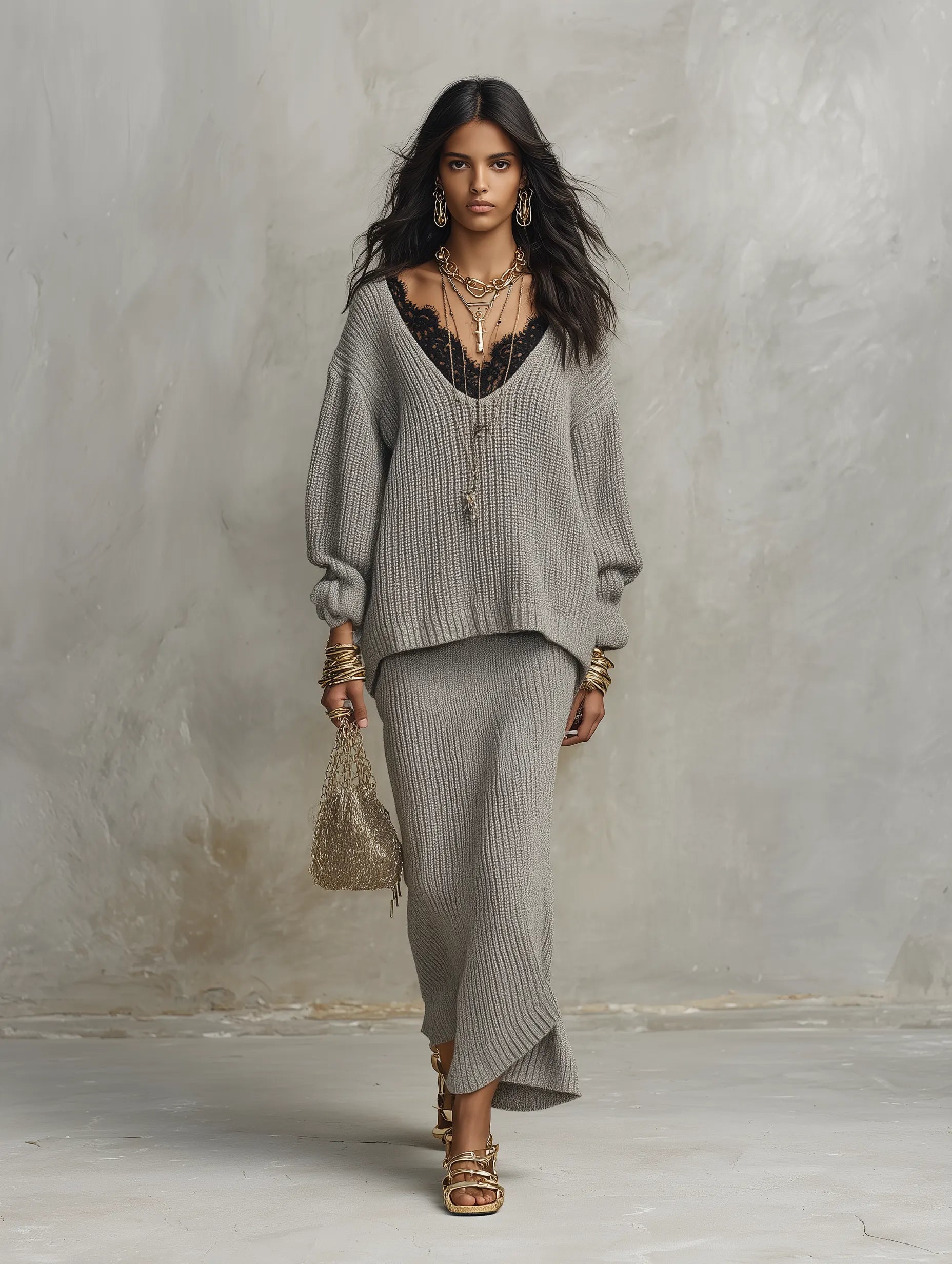 Cozy Boho Sweater-Knit High-Waist Bodycon Light Grey Maxi Skirt
