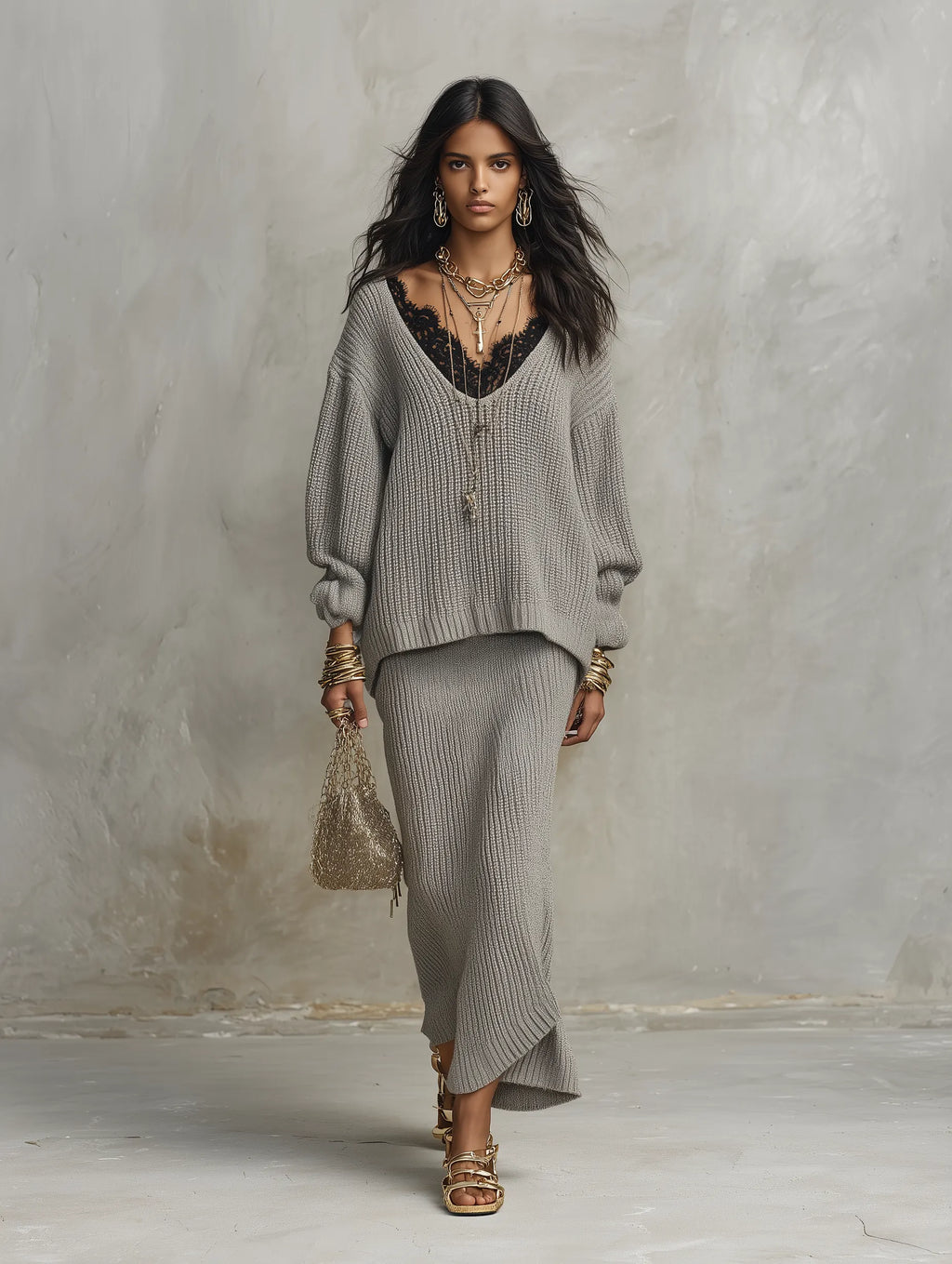 Effortless Chic Ribbed-Knit Lace-Trim Deep-V Grey Oversized Sweater