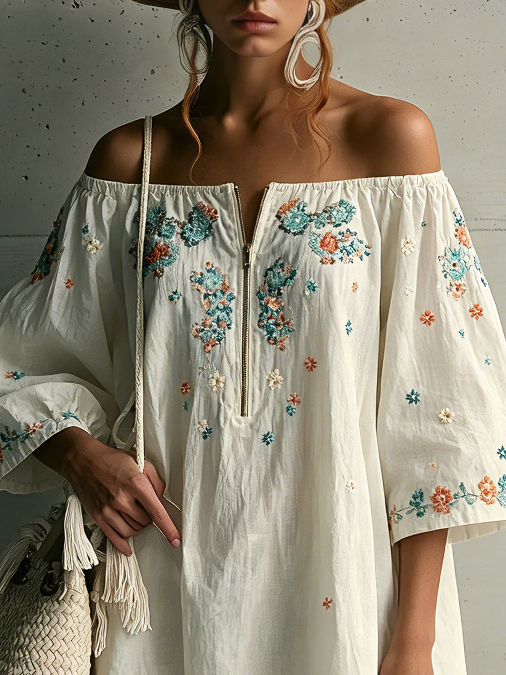Off White Half Zip Embroidered Cotton Mini Dress