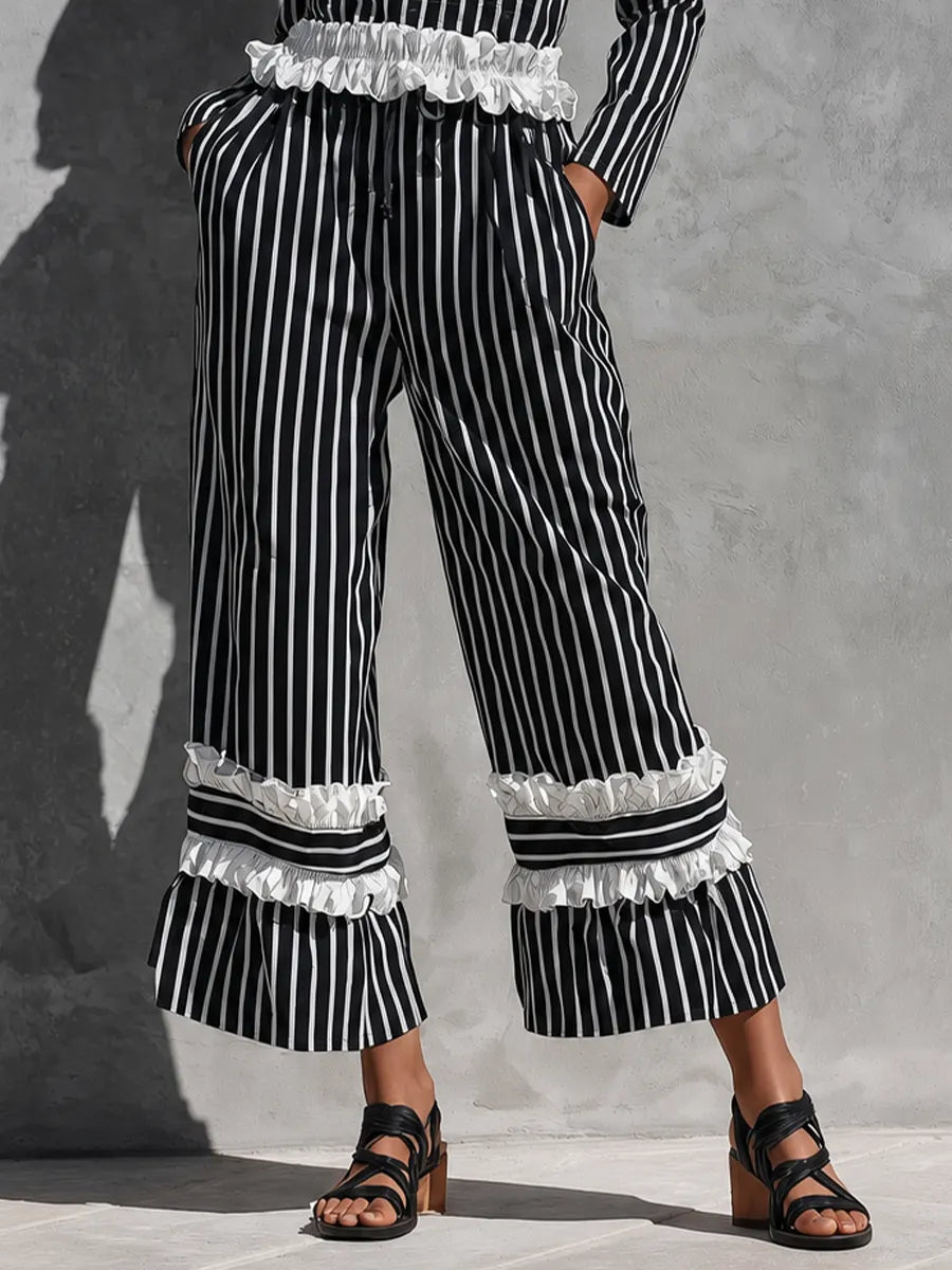Women's Black White Vertical Stripe White Ruffle Trim Off Shoulder Long Sleeve Top Drawstring Waist Tiered Ruffle Capri Wide Leg Pant Two Piece Set MDZ2054G3YZJ
