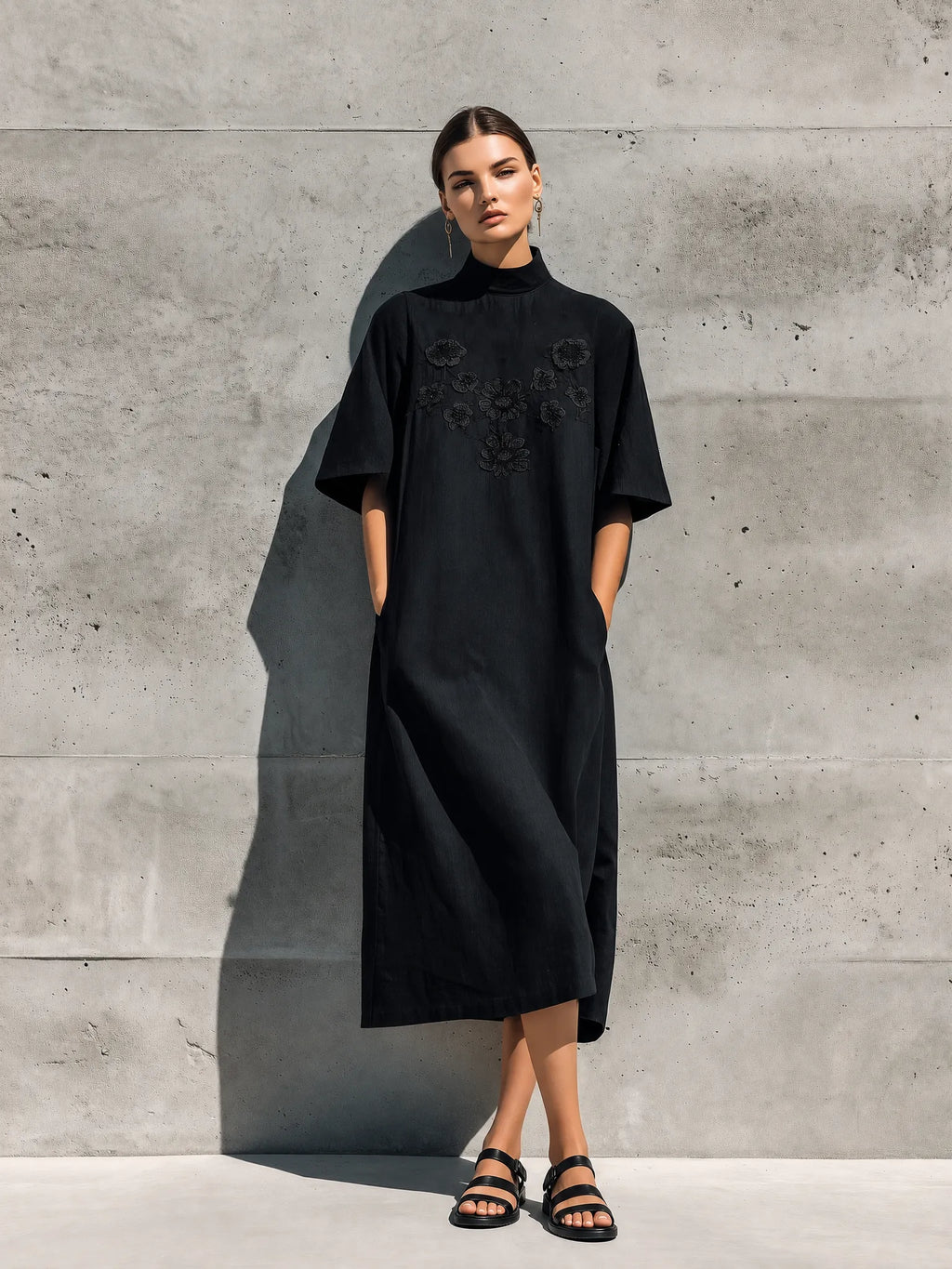 Women's Black Linen High Neck Floral Lace Embroidery Short Sleeve Pocket Loose Midi Dress MDZ0905G9YZJ