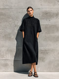 Women's Black Linen High Neck Floral Lace Embroidery Short Sleeve Pocket Loose Midi Dress MDZ0905G9YZJ