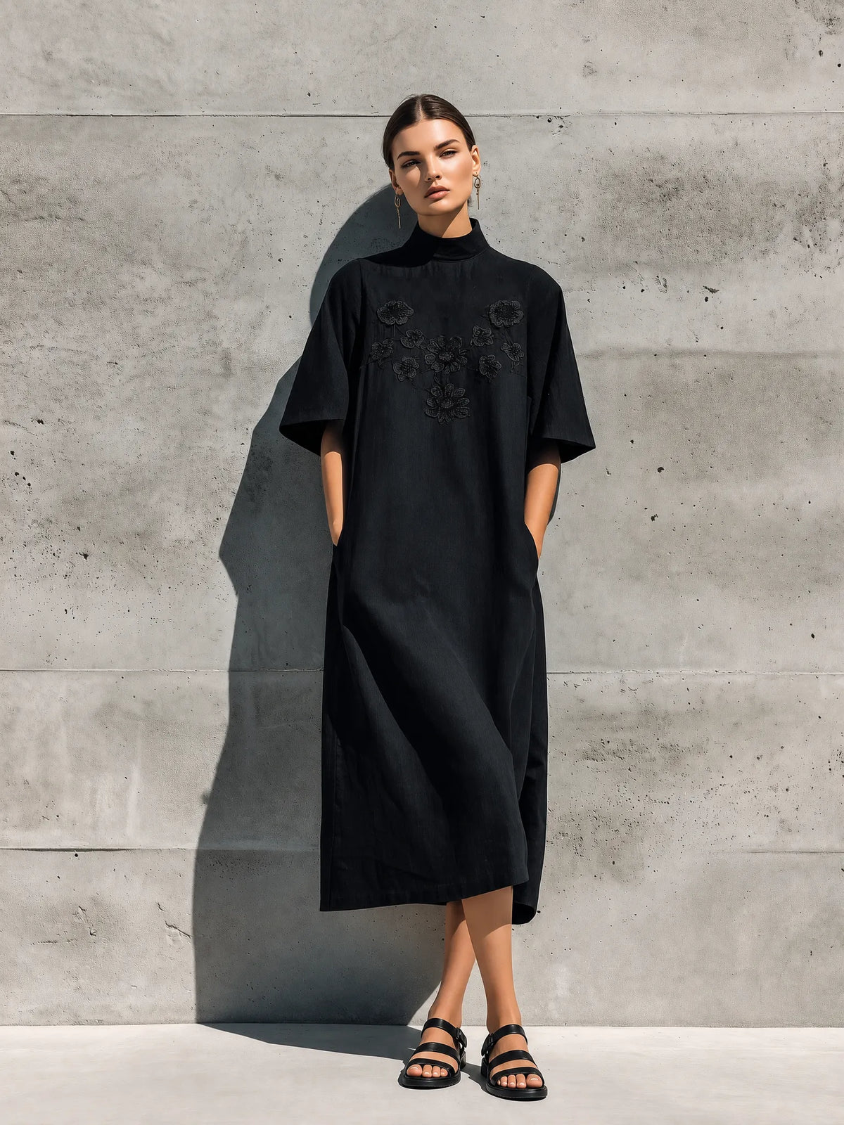 Women's Black Linen High Neck Floral Lace Embroidery Short Sleeve Pocket Loose Midi Dress MDZ0905G9YZJ