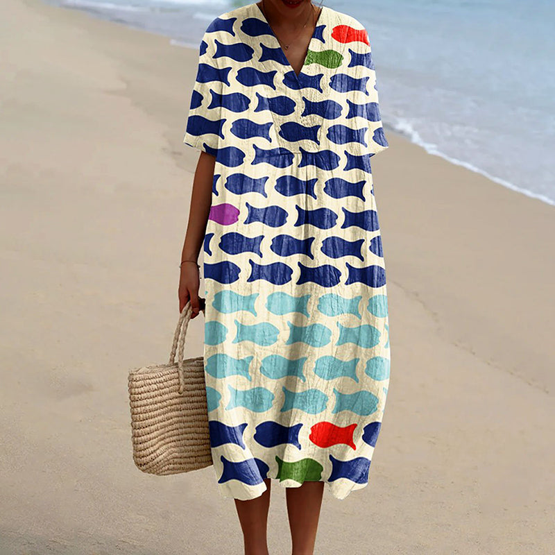 Women's Vintage Ocean Fish Art Print Flowy Dress
