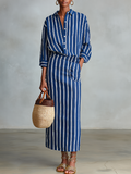 Women's Royal Blue White Stripe Cotton-Blend Co-Ord With Button Front Blouse & Elastic Waist Straight Maxi Skirt, Effortless-Chic Summer Daily Outfit MDZ2304F8LYL