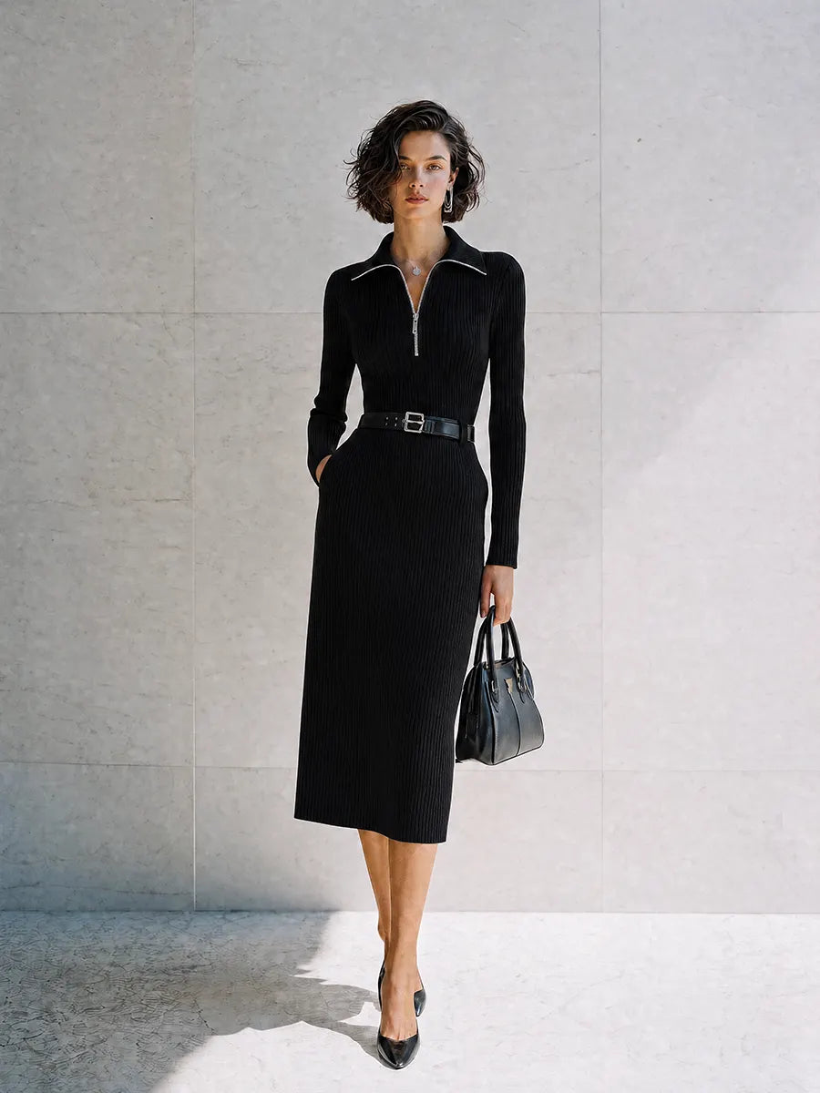 Women's Elegant Black Ribbed-Knit Half-Zip Collared Long-Sleeve Belted Midi Dress MDZ2140G1CMX