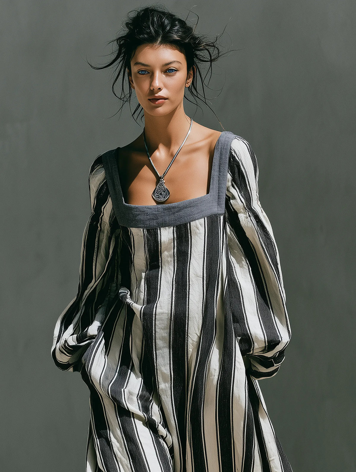Women's Minimalist Striped Print Square-Neck Long-Sleeve Maxi Dress MDZ0909G9WY
