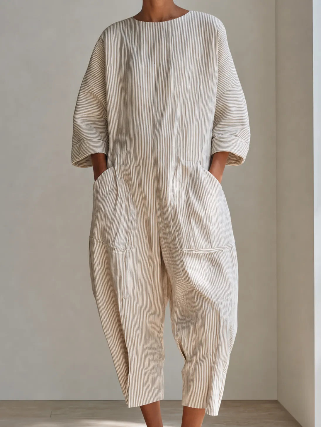 Women's Minimalist Beige Cotton Linen Blend Pinstripe Round Neck Dropped Shoulder Oversized Cropped Jumpsuit MDZ0753G0ZSQ