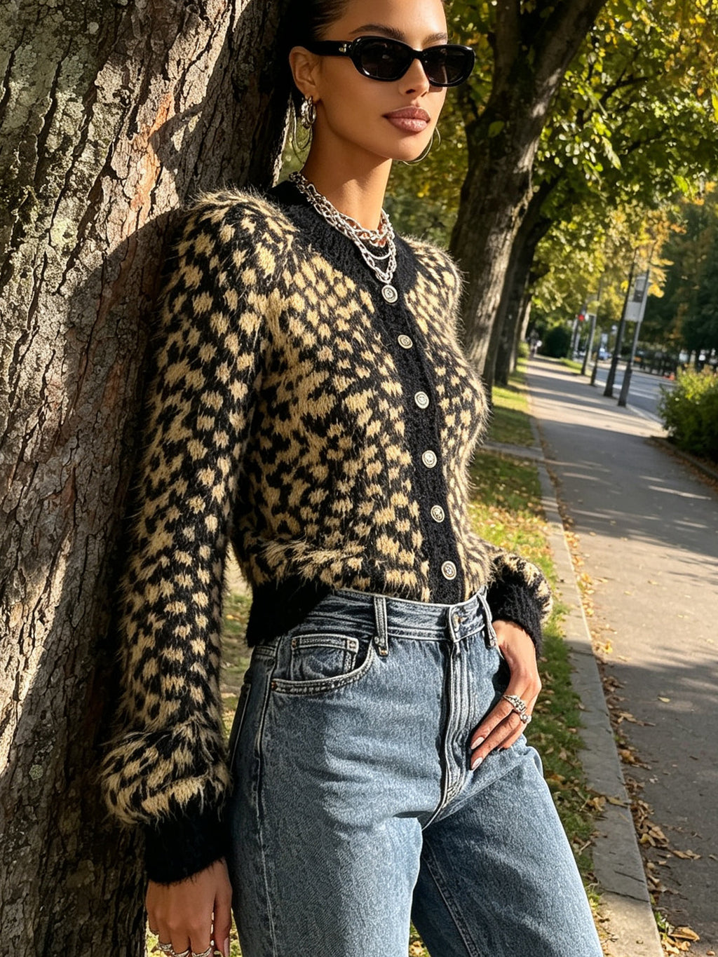 Leopard Fuzzy Button-Front Knit Cardigan