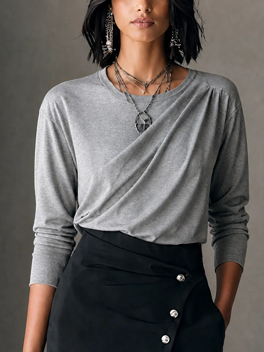 Women's Casual Elegant Heather Gray Knit Cotton Blend Draped Twist Front Long Sleeve Top MDZ1665G2GMJ