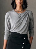Women's Casual Elegant Heather Gray Knit Cotton Blend Draped Twist Front Long Sleeve Top MDZ1665G2GMJ