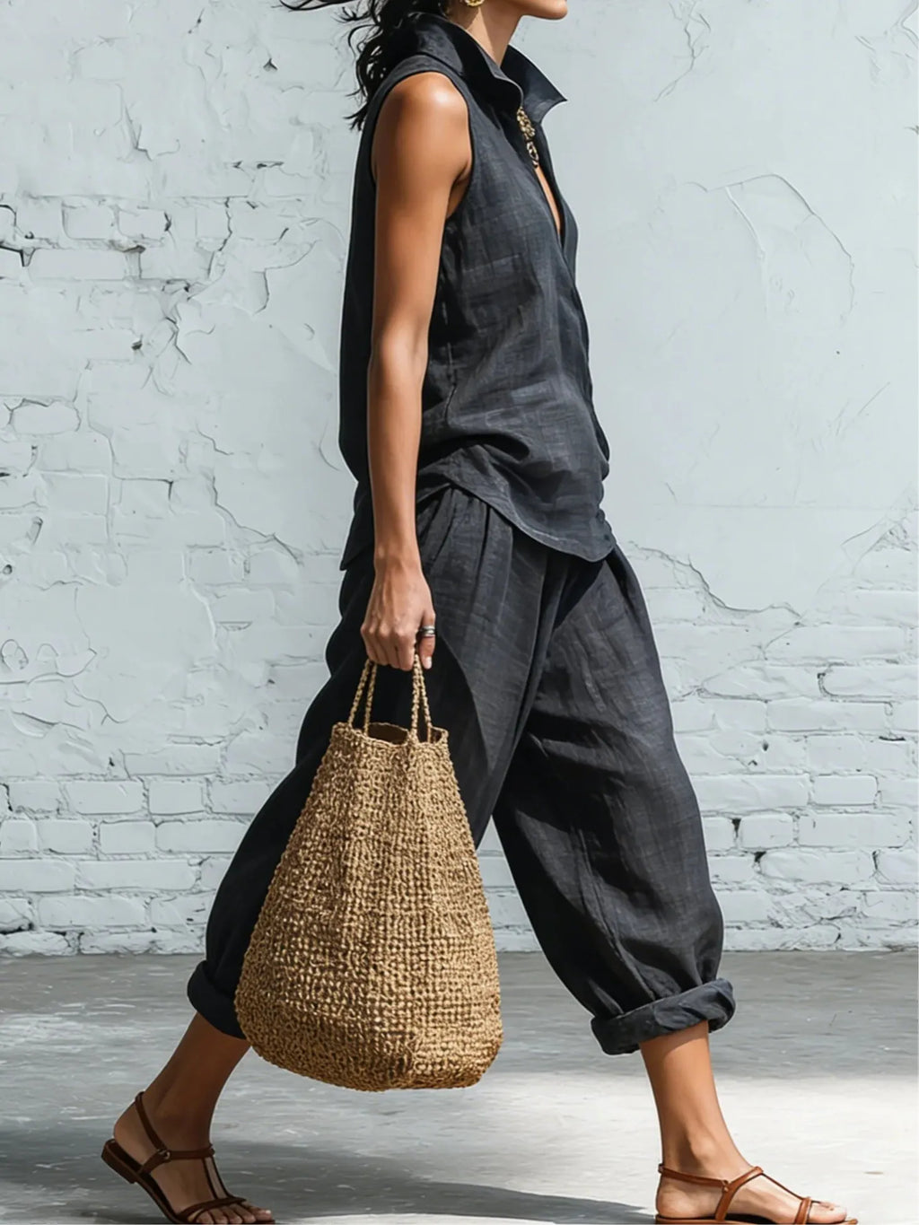 Simple collared shirt and wide-leg pants two-piece set