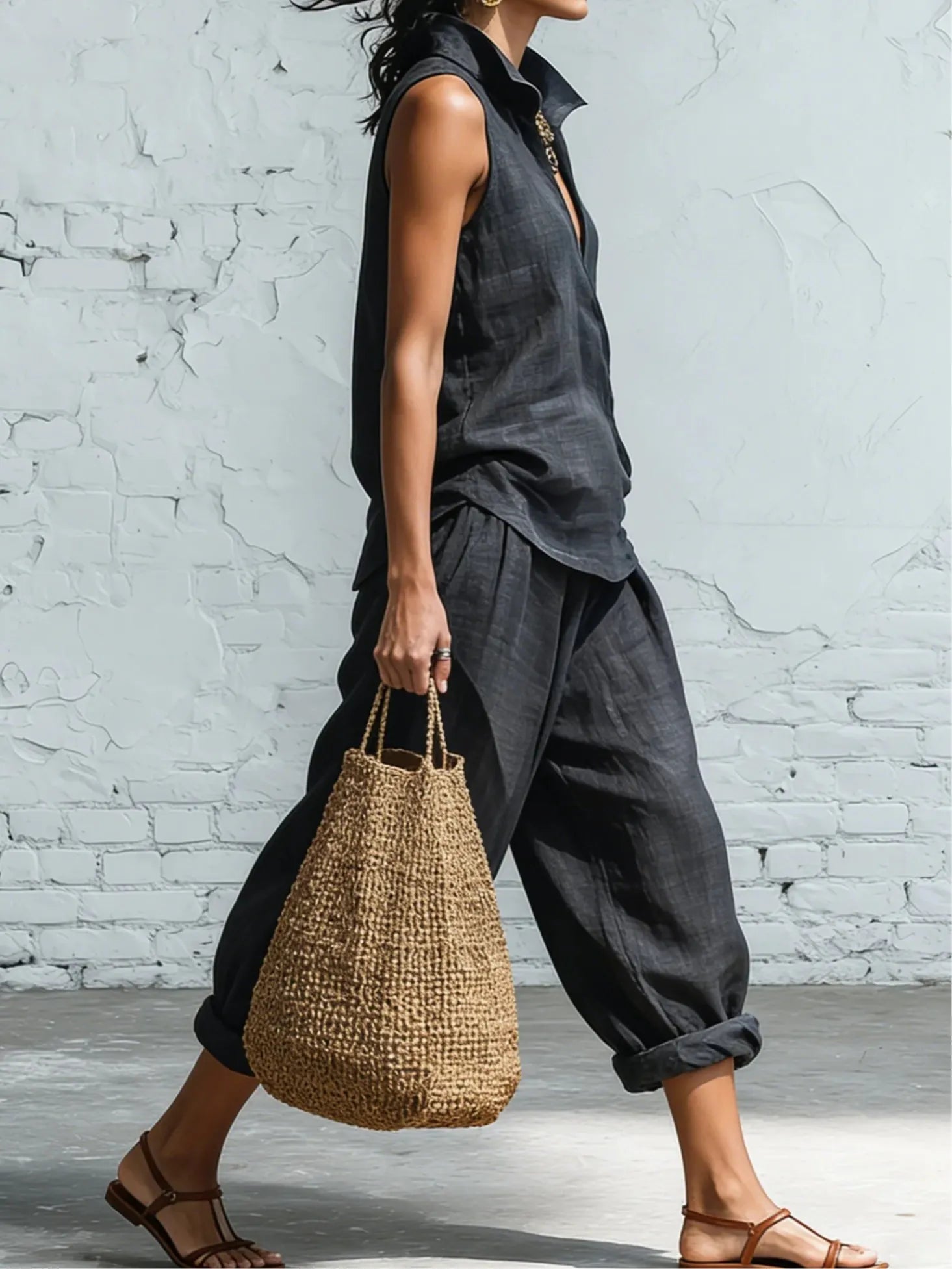 Simple collared shirt and wide-leg pants two-piece set