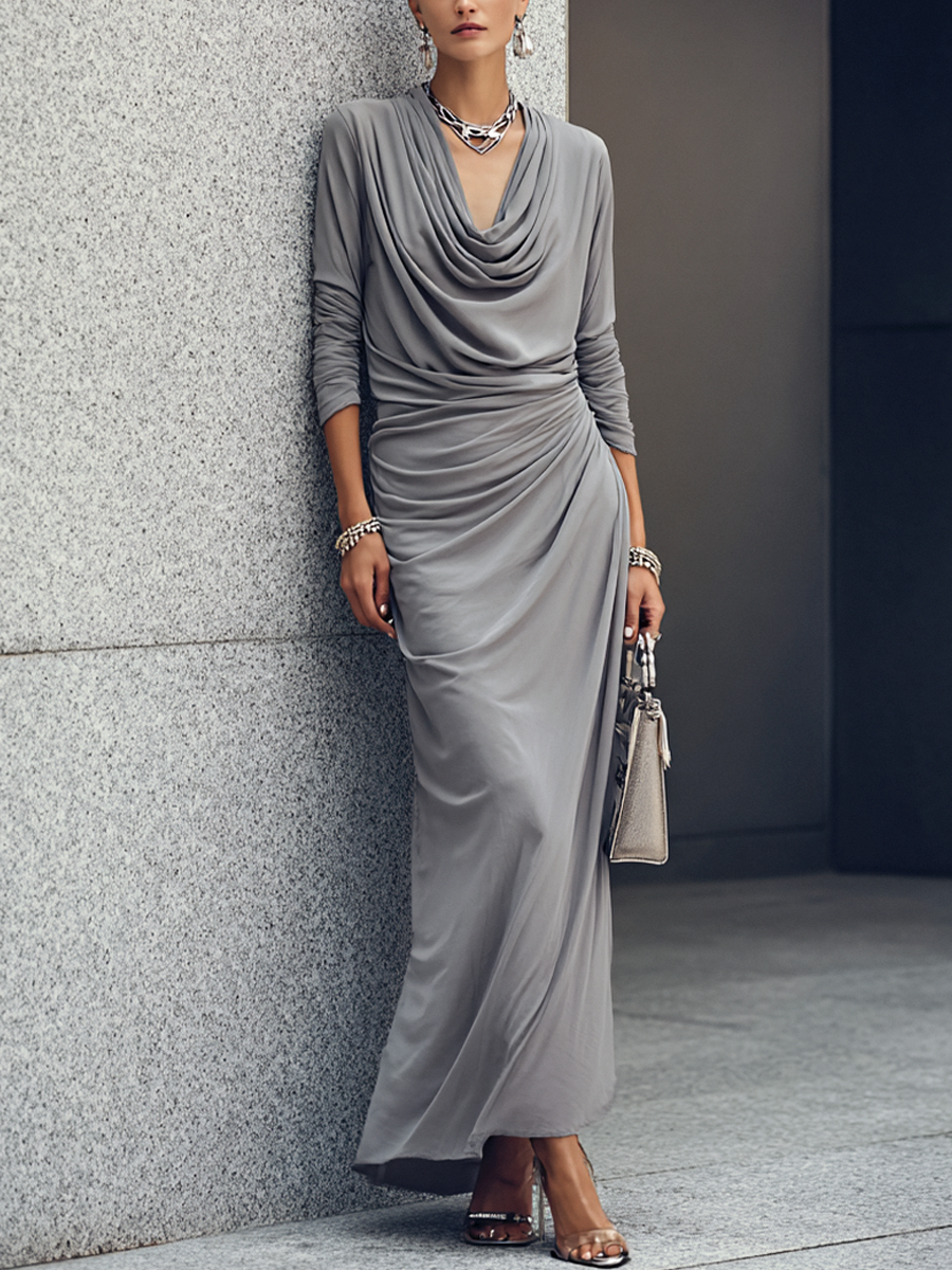 Women's Luxury Workwear Style Mist Grey Cotton Blend Cowl Neck Long Sleeve Side Ruched Maxi Dress MDZ0627G1GMJ