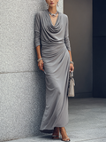 Women's Luxury Workwear Style Mist Grey Cotton Blend Cowl Neck Long Sleeve Side Ruched Maxi Dress MDZ0627G1GMJ