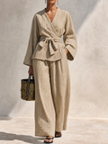 Women's Minimalist Flax Beige Linen Blend Striped Kimono Wrap Tie Waist Long Sleeve Top And Wide-Leg Pants Two-Piece Set MDZ1504G2ZSQ