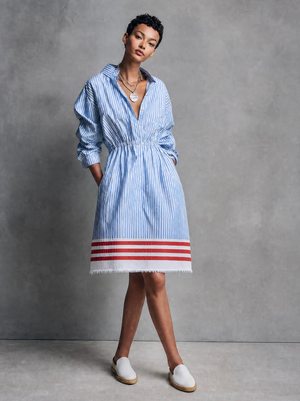 Women's Minimalist Striped Single-Breasted Long-Sleeve Midi Dress With Elastic Waist And Raw Hem MDZ0848G1WY