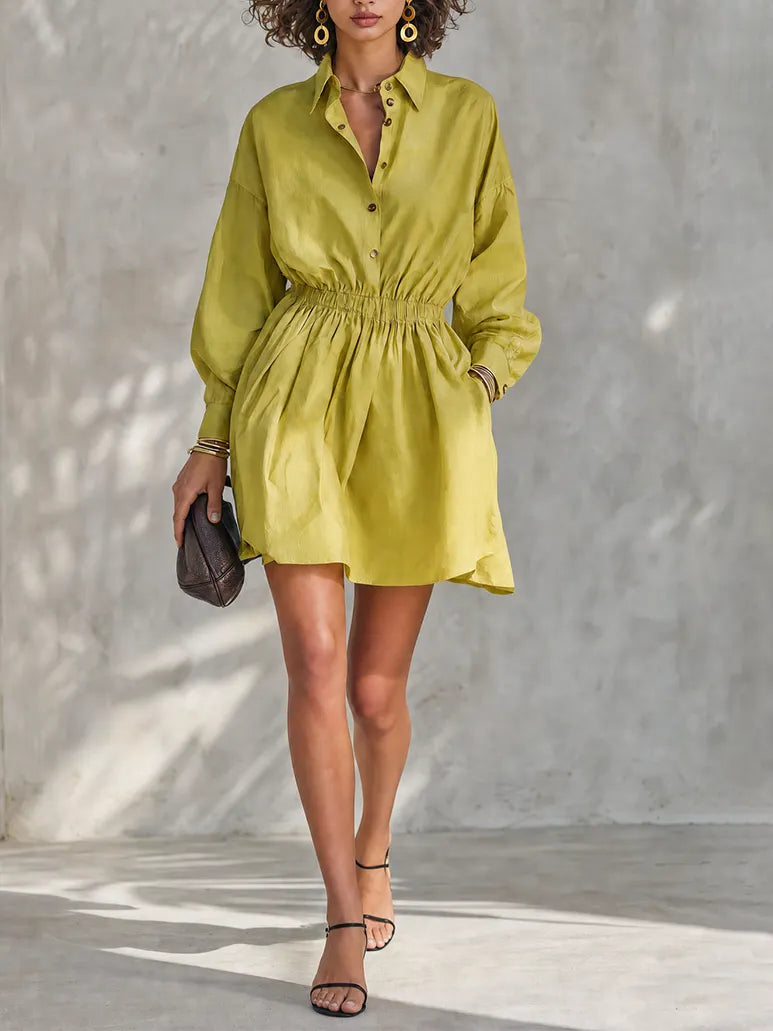 Women's Chic Lime Green Satin Collared Button-Front Long Sleeve Elastic Waist Mini Shirt Dress MDZ0720G0ZSQ