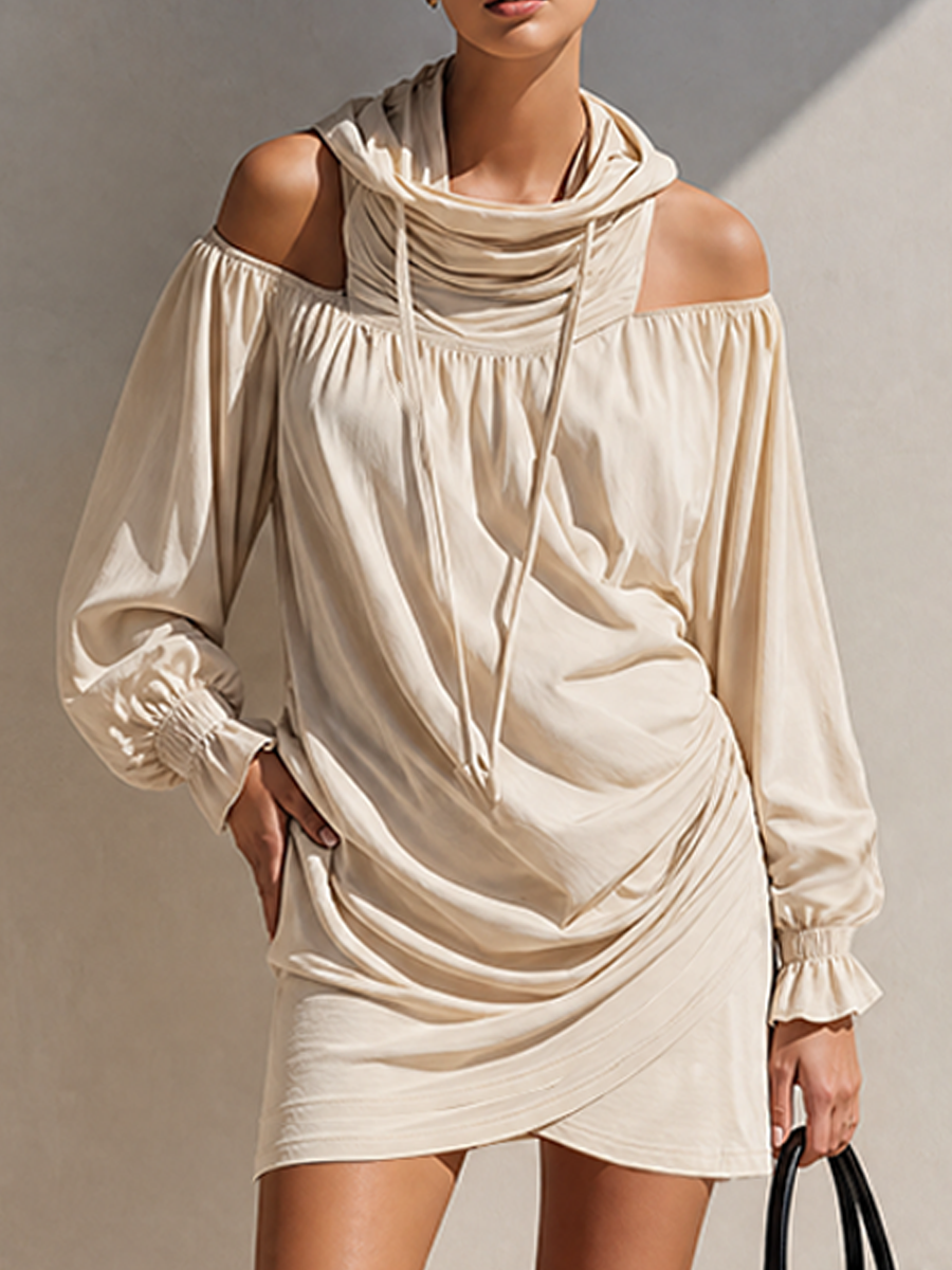 Women's Beige Cotton Blend Cold Shoulder Hooded Mini Dress MDZ2412G4ZRK