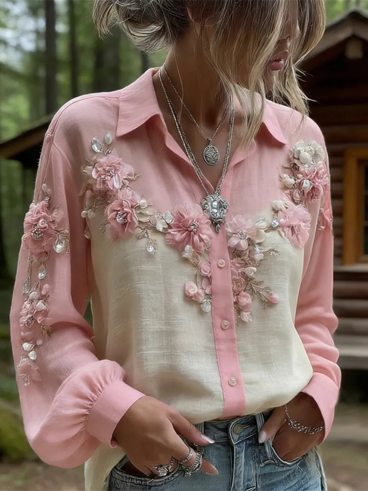 Boho Floral & Gemstone Embroidered Women's Linen Long Sleeve Shirt