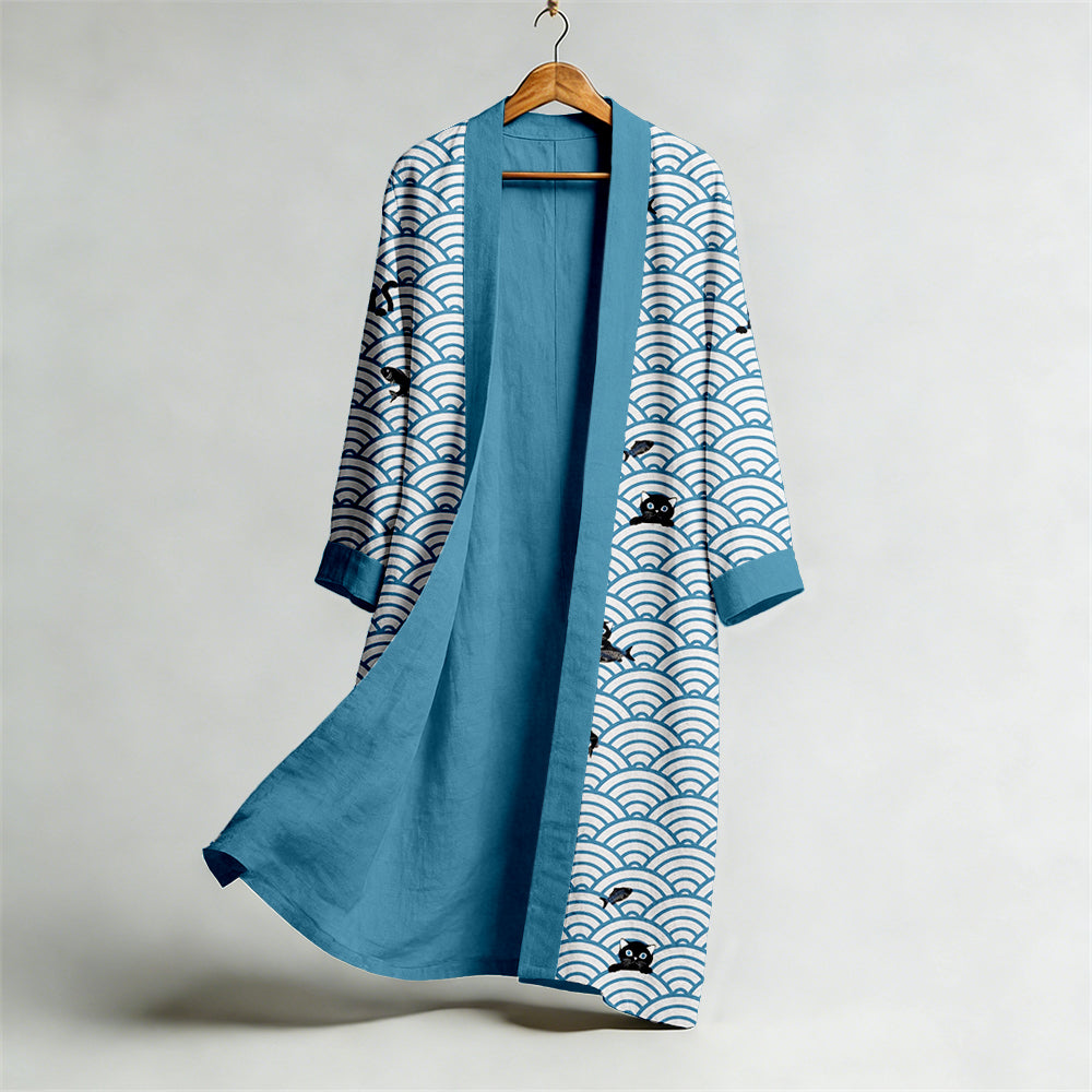 Vintage Japanese Waves & Cats  Art Flowy Linen Long Kimono