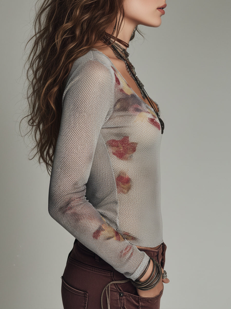 Retro Printed Mesh Slim-Fit Long-Sleeve U-Neck T-Shirt