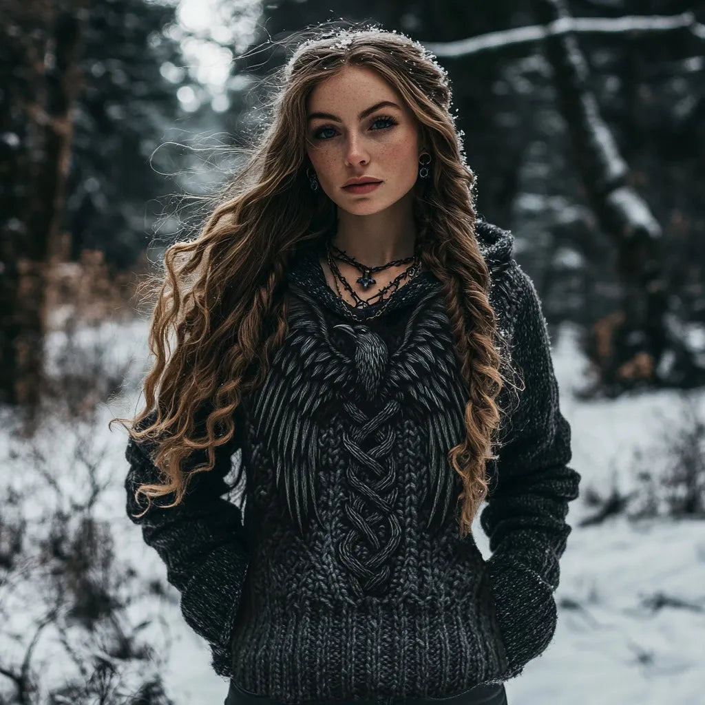 Women's Viking Bird Graphic Chunky Knit Celtic Knot Vintage Pocket Hooded Sweater
