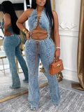 Women Neck Hanging Spliced Hollow Strap Sexy Casual Denim Jumpsuit