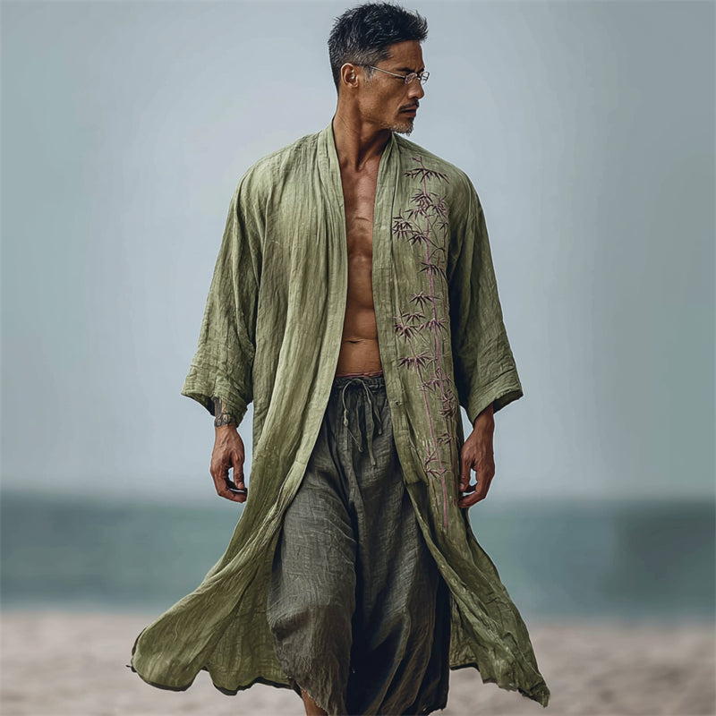 Men's Japanese Bamboo Inspired Flowy Linen Long Kimono