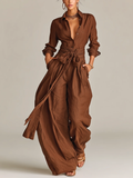 Brown Long-sleeved Shirt-collar Jumpsuit (with belt)