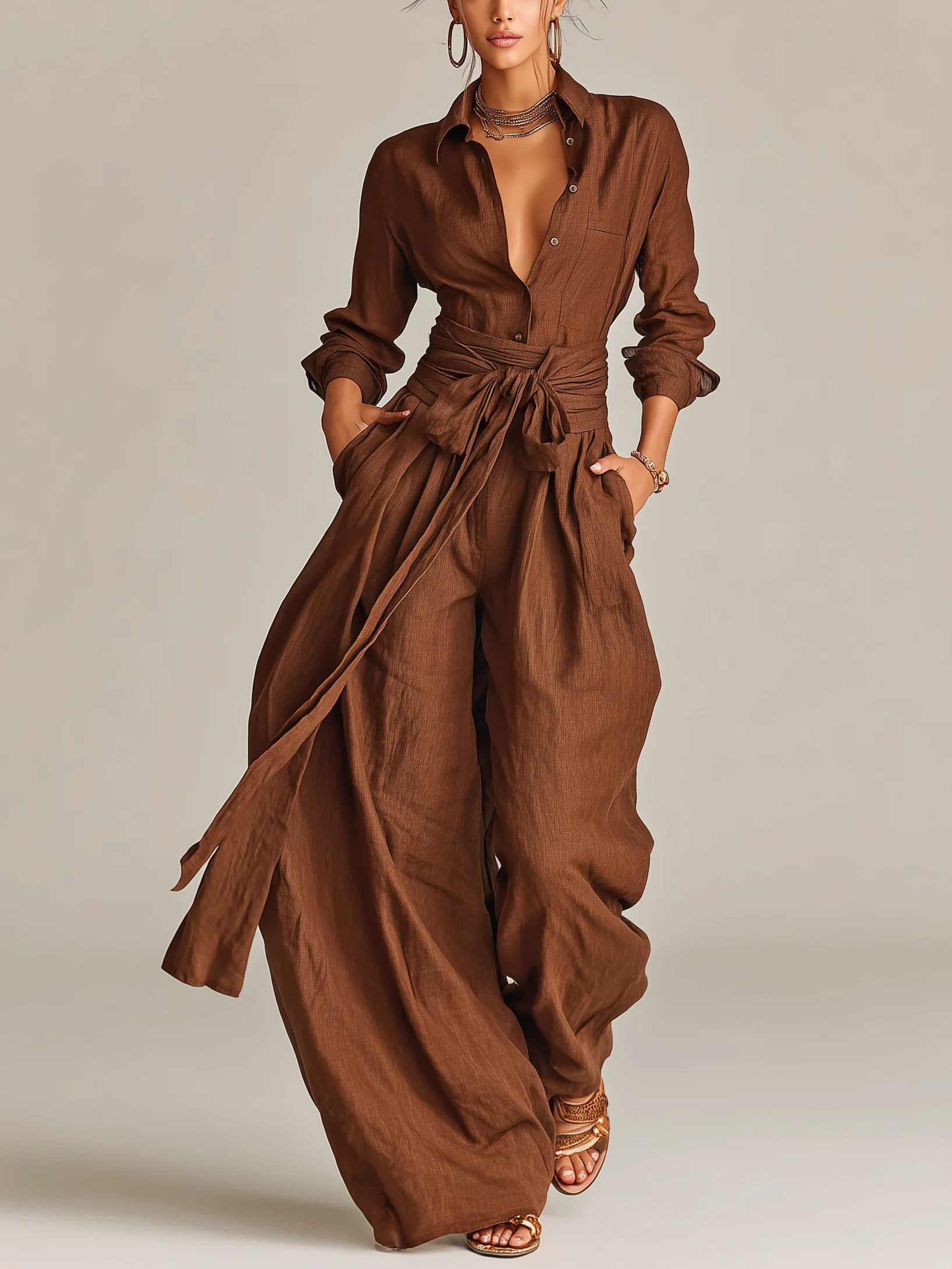 Brown Long-sleeved Shirt-collar Jumpsuit (with belt)