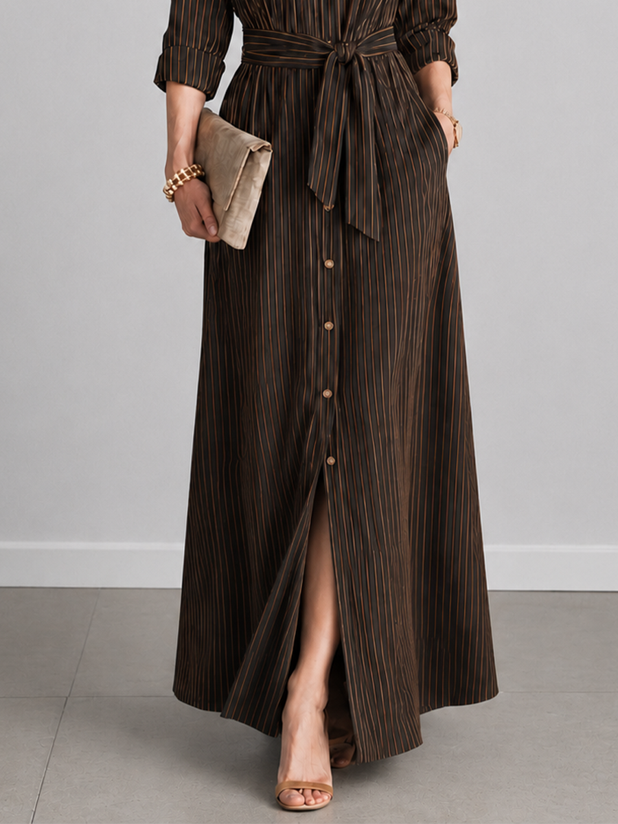 Women's Elegant Black Brown Cotton Blend Pinstripe Button Belted Split Maxi Shirt Dress MDZ2245G2GMJ
